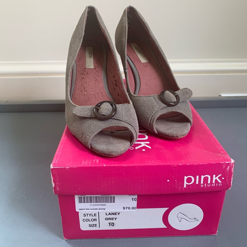 Grey Suede Peep Toe Pumps